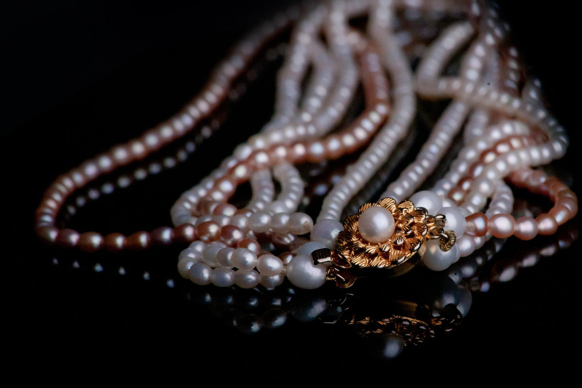 Close-up of pearl jewelry showing luster and surface quality details