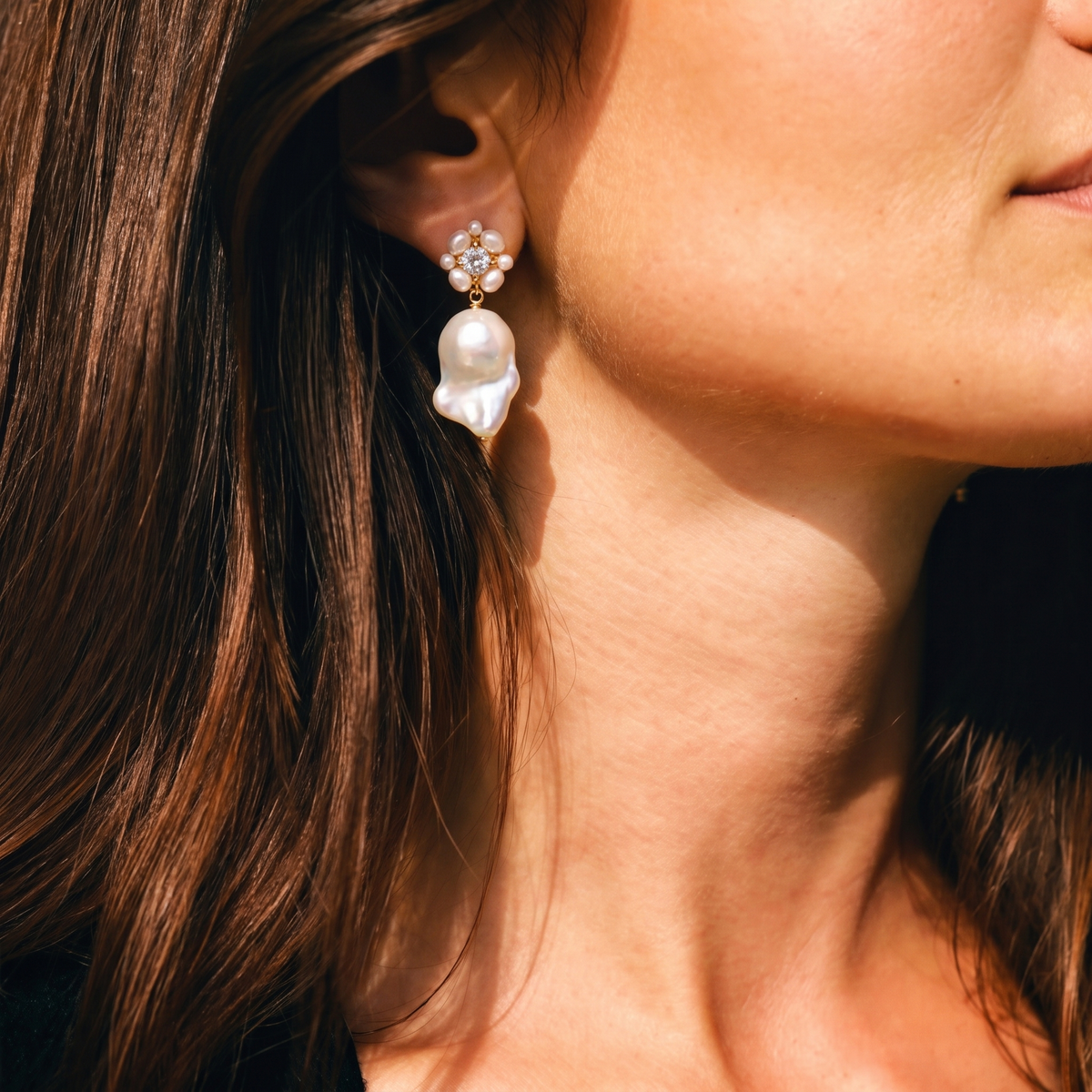 Rosette Baroque Pearl Drop Earrings