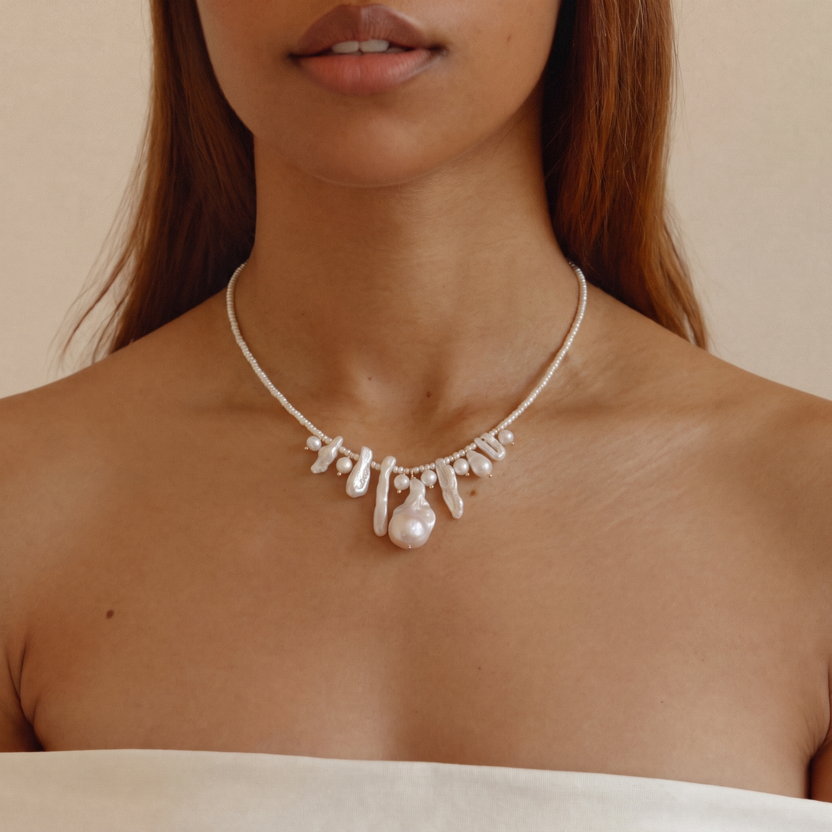 Tidal Fringe Baroque Pearl Necklace by ORAÉ — close-up shot