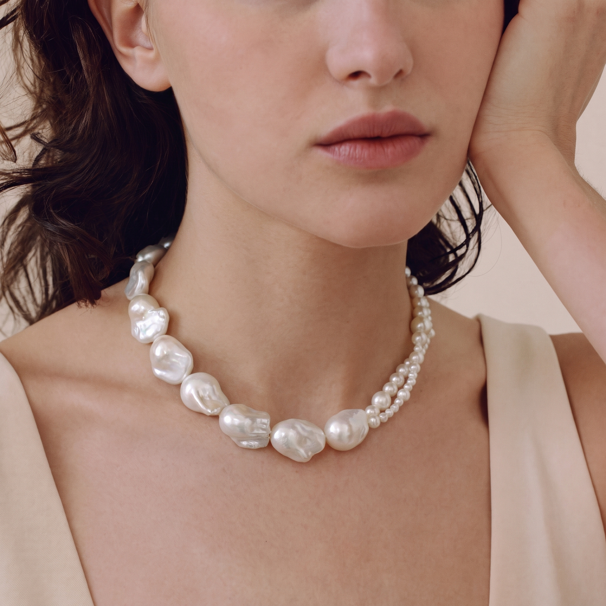 Étoile Layered Baroque Pearl Necklace by ORAÉ — close-up shot
