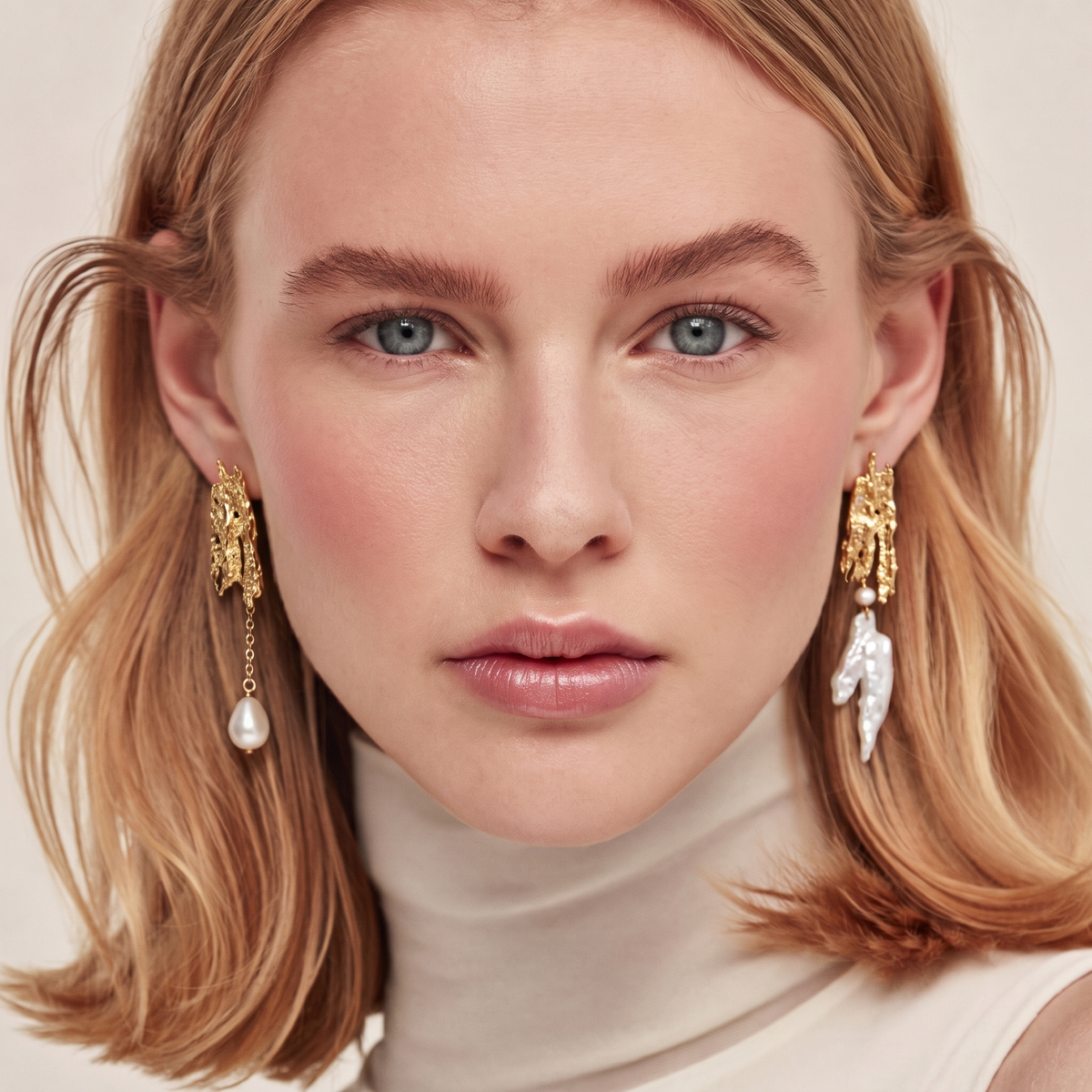 Rift Baroque Pearl Asymmetric Earrings by ORAÉ — close-up shot
