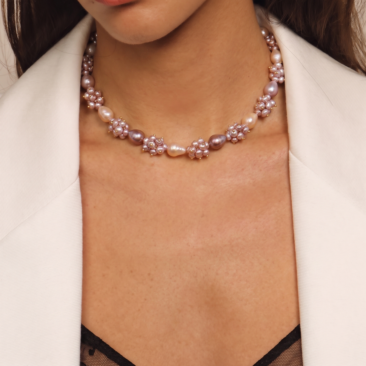 Mauve Cluster Baroque Pearl Necklace by ORAÉ — detail view