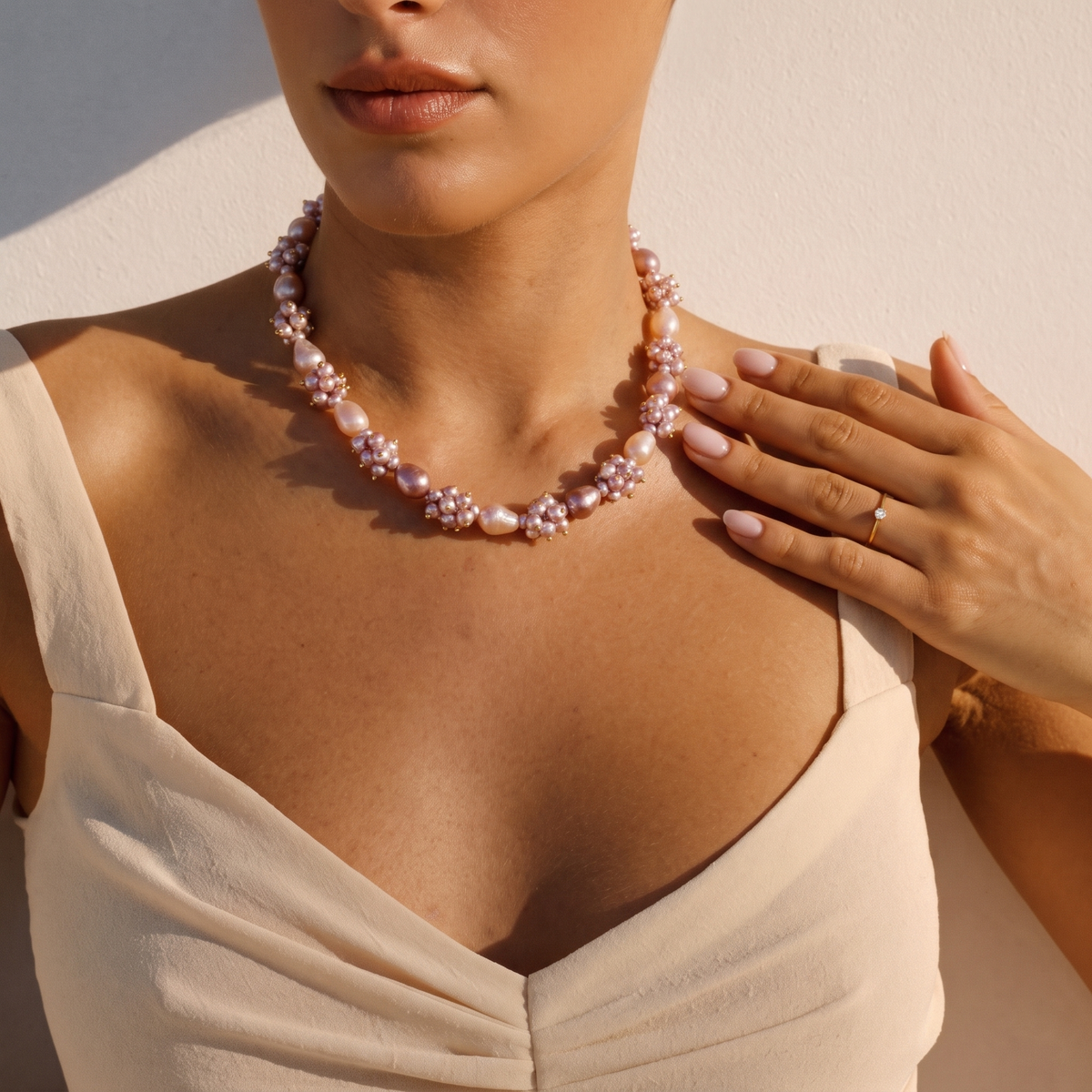 Mauve Cluster Baroque Pearl Necklace by ORAÉ — close-up shot