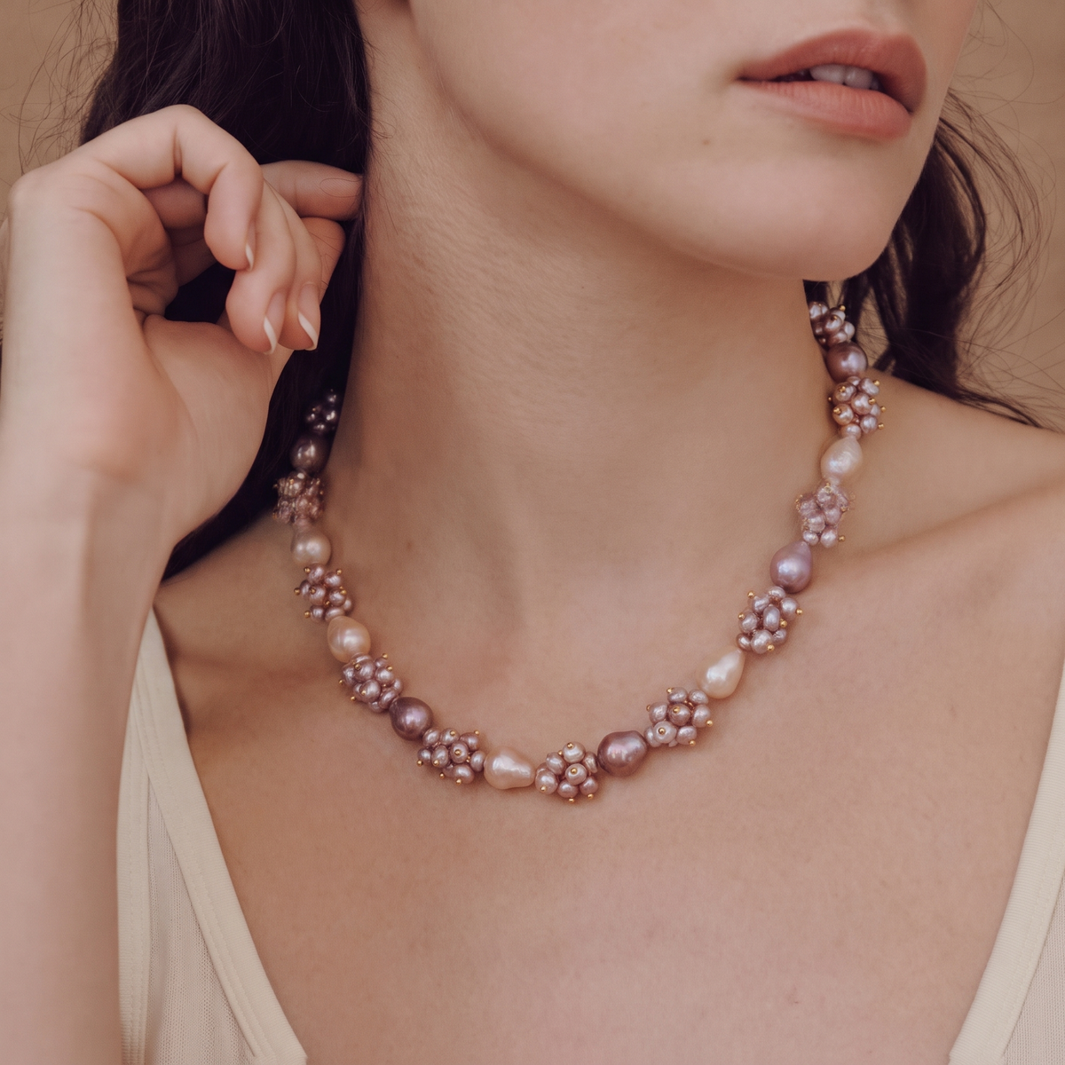 Mauve Cluster Baroque Pearl Necklace by ORAÉ — styled look