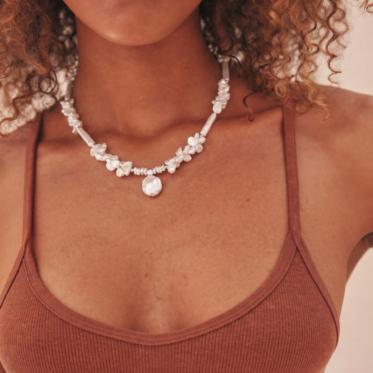 Frosted Garden Baroque Pearl Necklace by ORAÉ — close-up shot