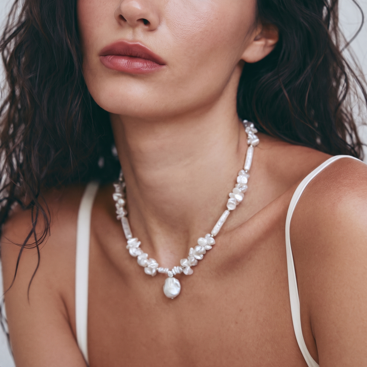 Frosted Garden Baroque Pearl Necklace by ORAÉ — detail view
