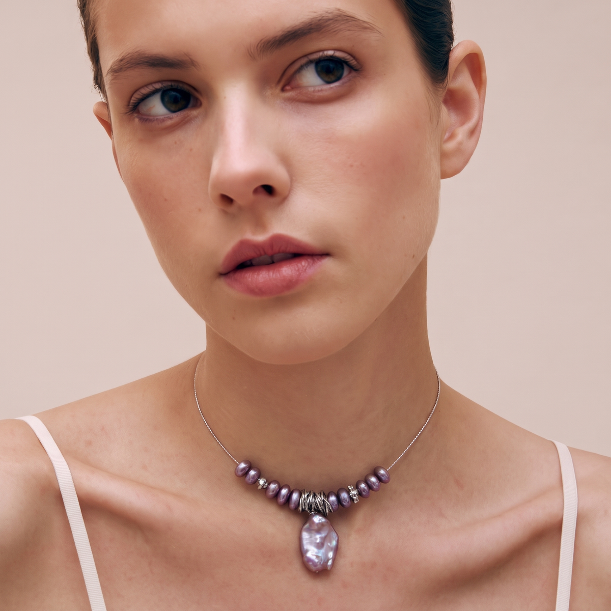 Midnight Orbit Pearl Collar Necklace by ORAÉ — close-up shot
