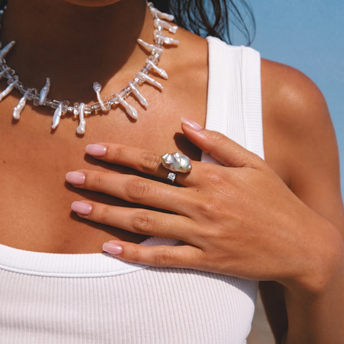 Aurora Golden Baroque Pearl Ring with Crystal by ORAÉ — detail view