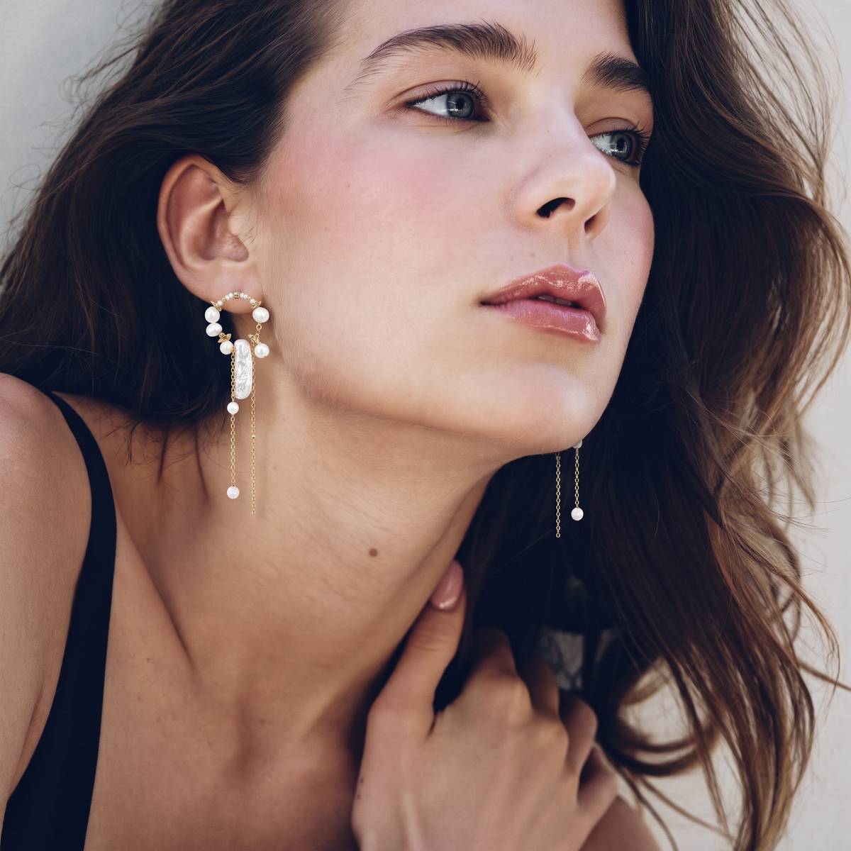 Celestial Drift Pearl Hoop Earrings by ORAÉ — detail view