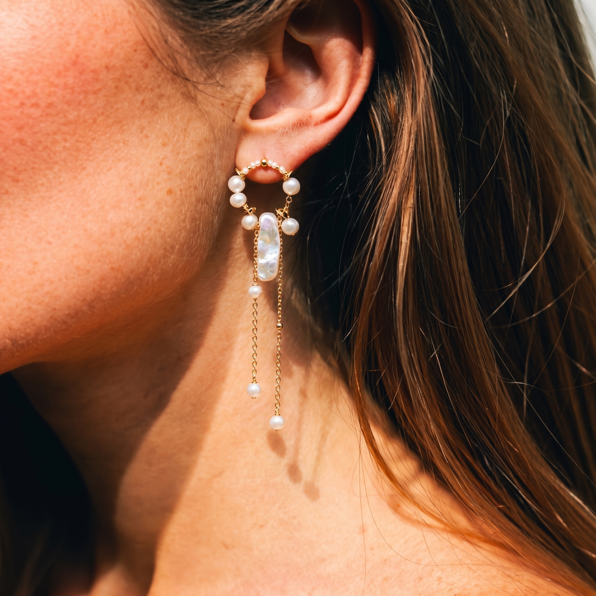 Celestial Drift Pearl Hoop Earrings by ORAÉ — close-up shot