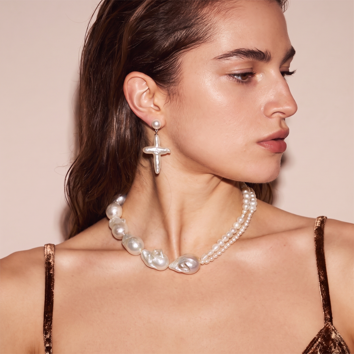 Pearl Cross Drop Earrings by ORAÉ — modern baroque pearl jewelry