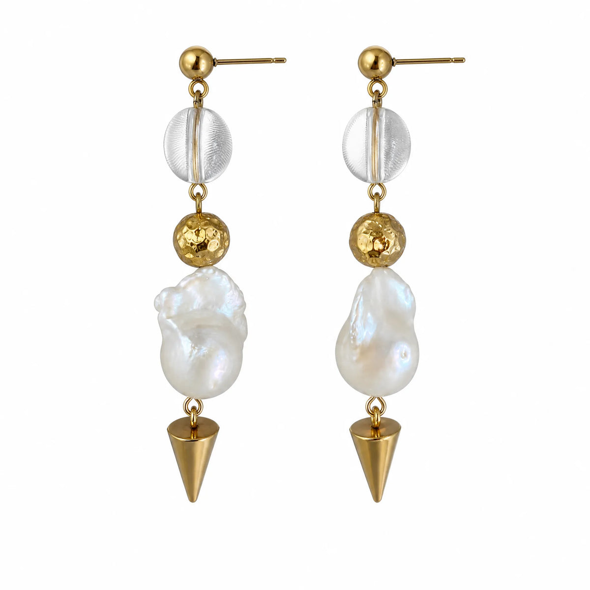 Pair of statement earrings with crystal beads, gold ball studs, and baroque pearl drops with gold cone tips, flat lay