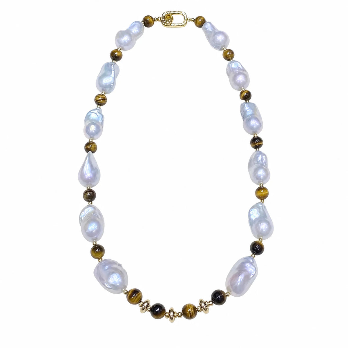 Tiger eye and baroque pearl beaded necklace, flat lay on white background